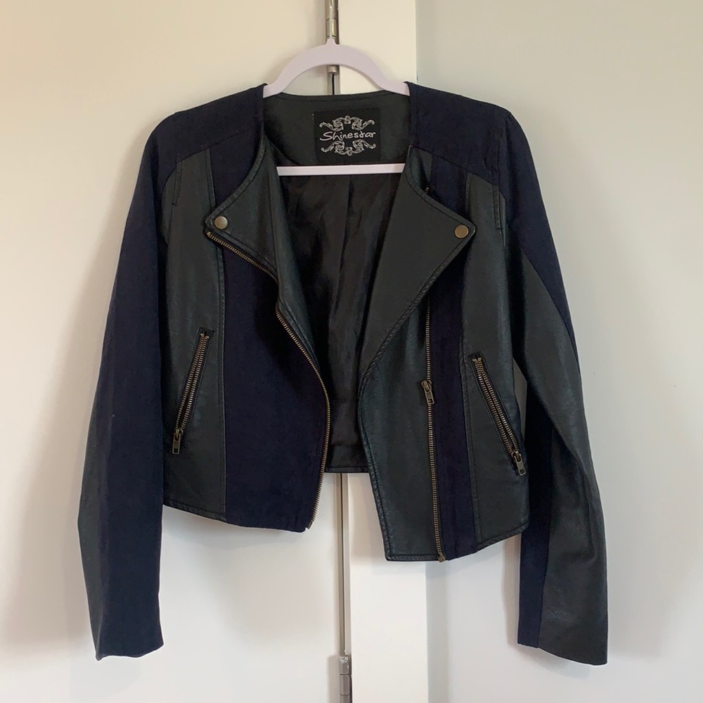 Navy Suede and Black Leather Moto Jacket